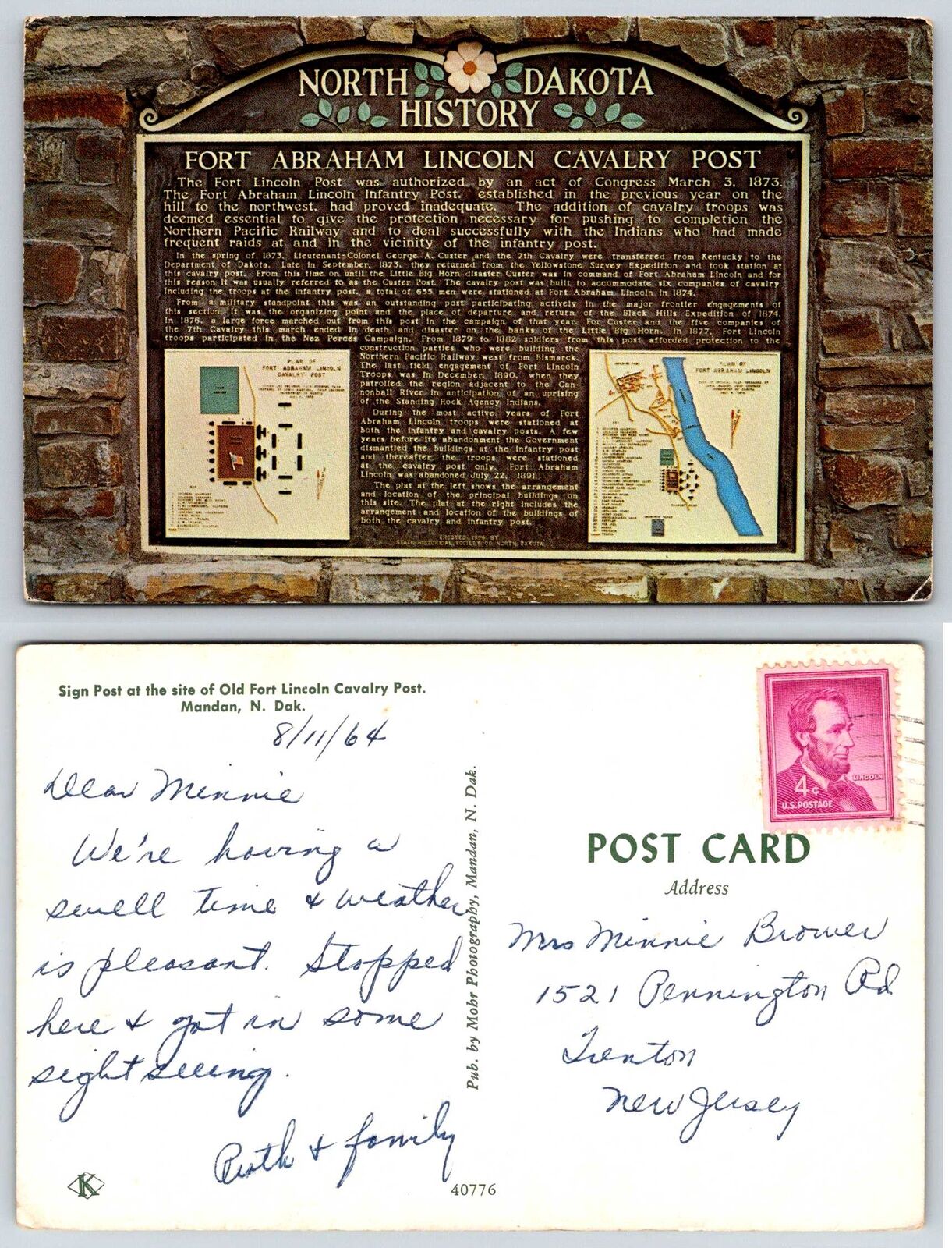 Mandan FORT LINCOLN CAVALRY POST PLAQUE North Dakota Postcard 443