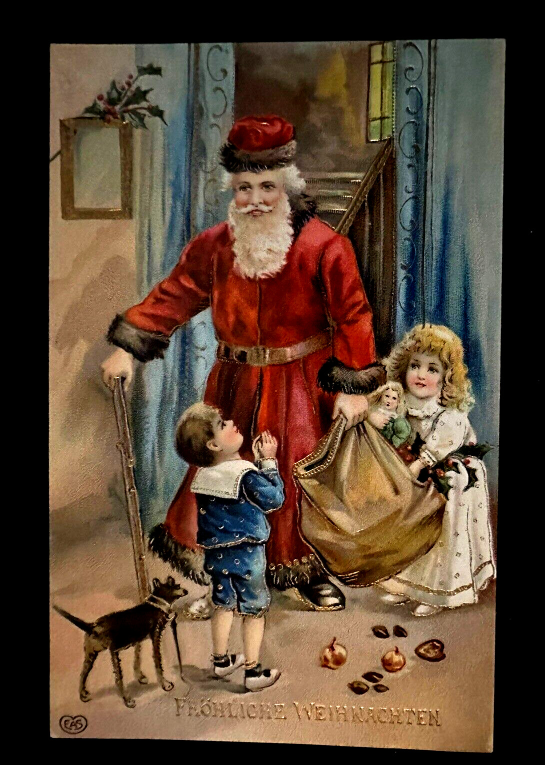 Santa Claus with Children~Dog~Fruit Antique EAS German Christmas Postcard~k677