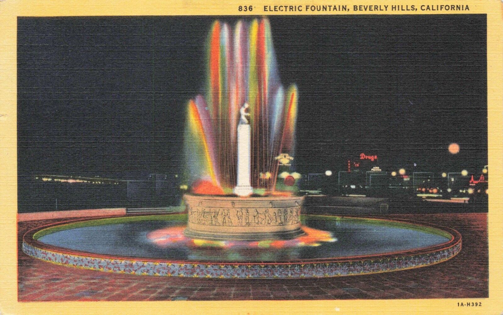 Postcard CA Beverly Hills Electric Fountain Rainbow Lights Mosaic Pavement