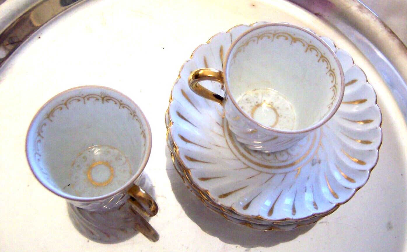 Antique Handpainted Gold & White Eggshell Porcelain DEMITASSE 2 Cups & 3 Saucers