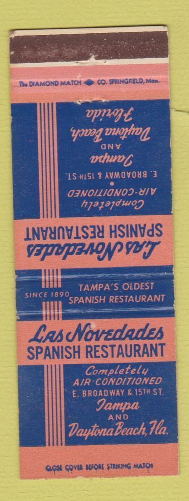 Matchbook Cover - Las Novedades Spanish Restaurant Tampa Daytona Beach FL