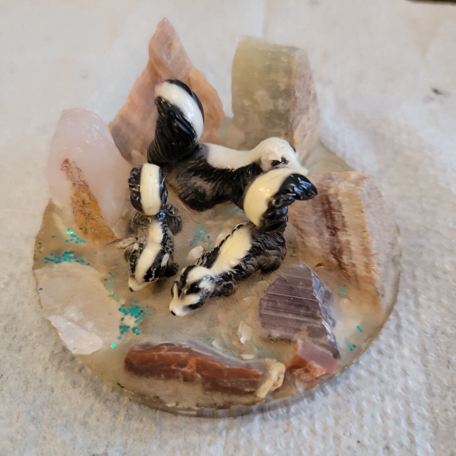 Skunk Family On Lucite Acrylic Base With Crystal  And Mineral Stones