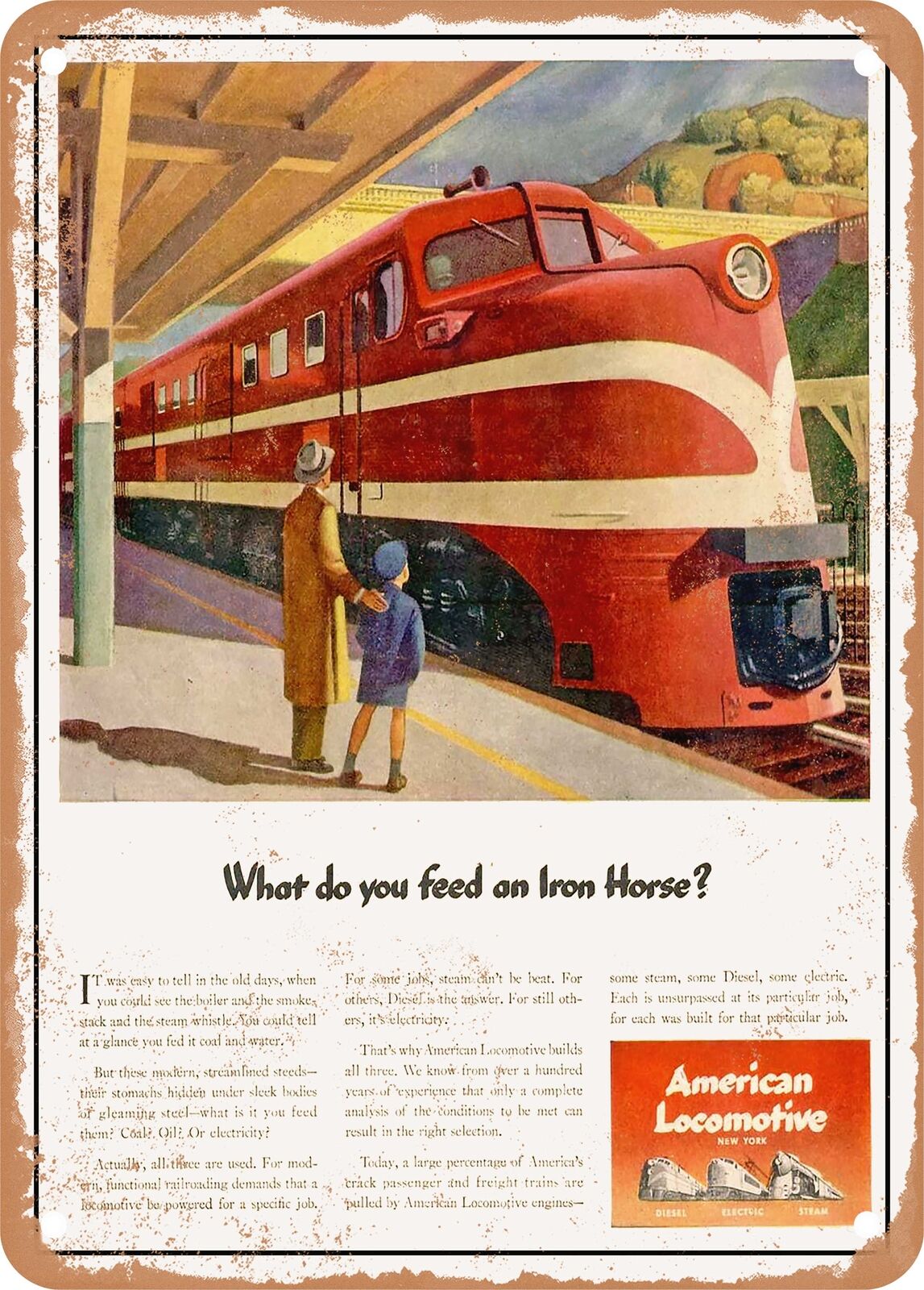 METAL SIGN - 1944 What Do You Feed on Iron Horse American Locomotive Vintage Ad