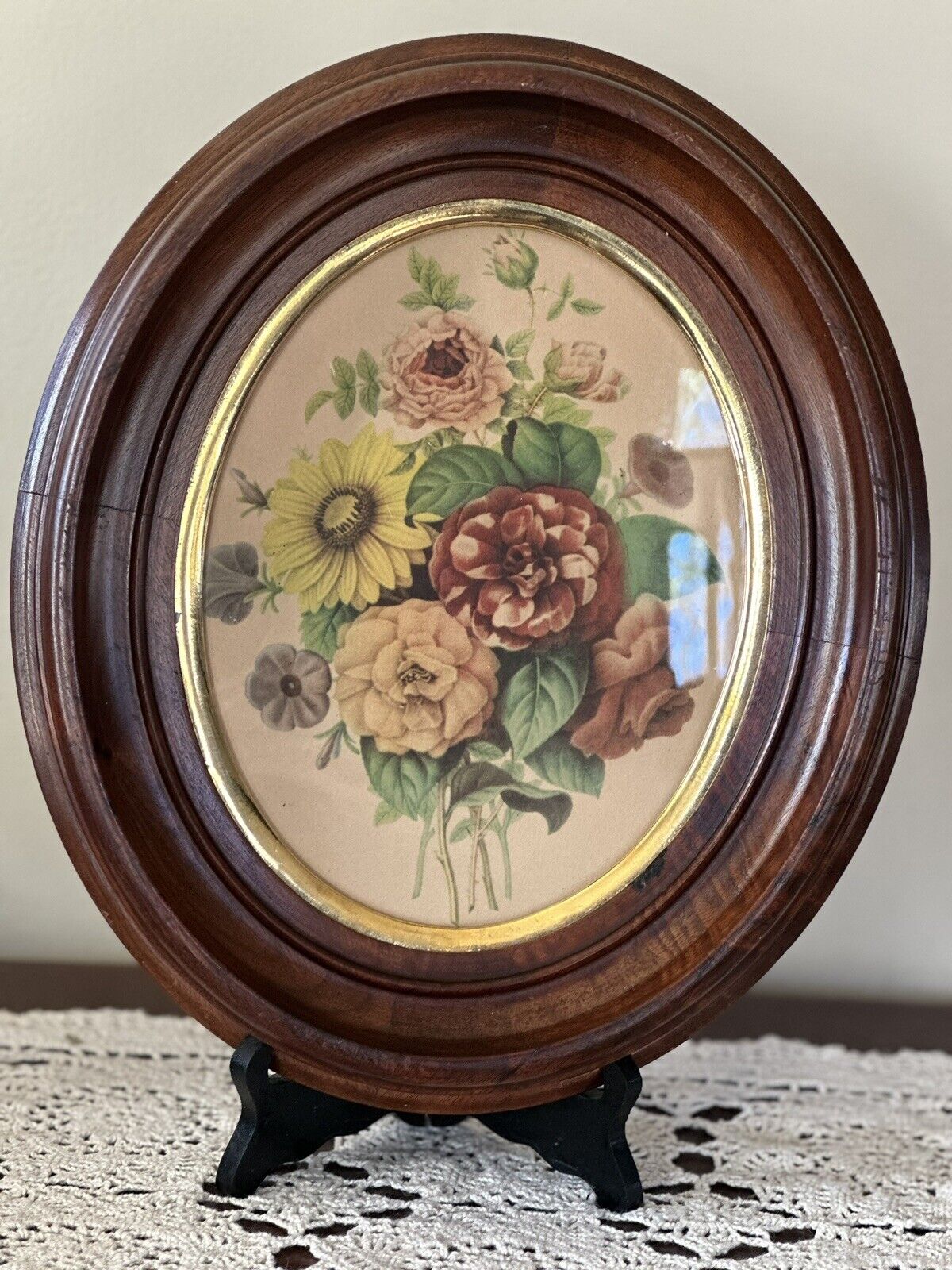 Antique Victorian Eastlake Era Walnut Deep Well Frame Floral Print 13.5x11.5”