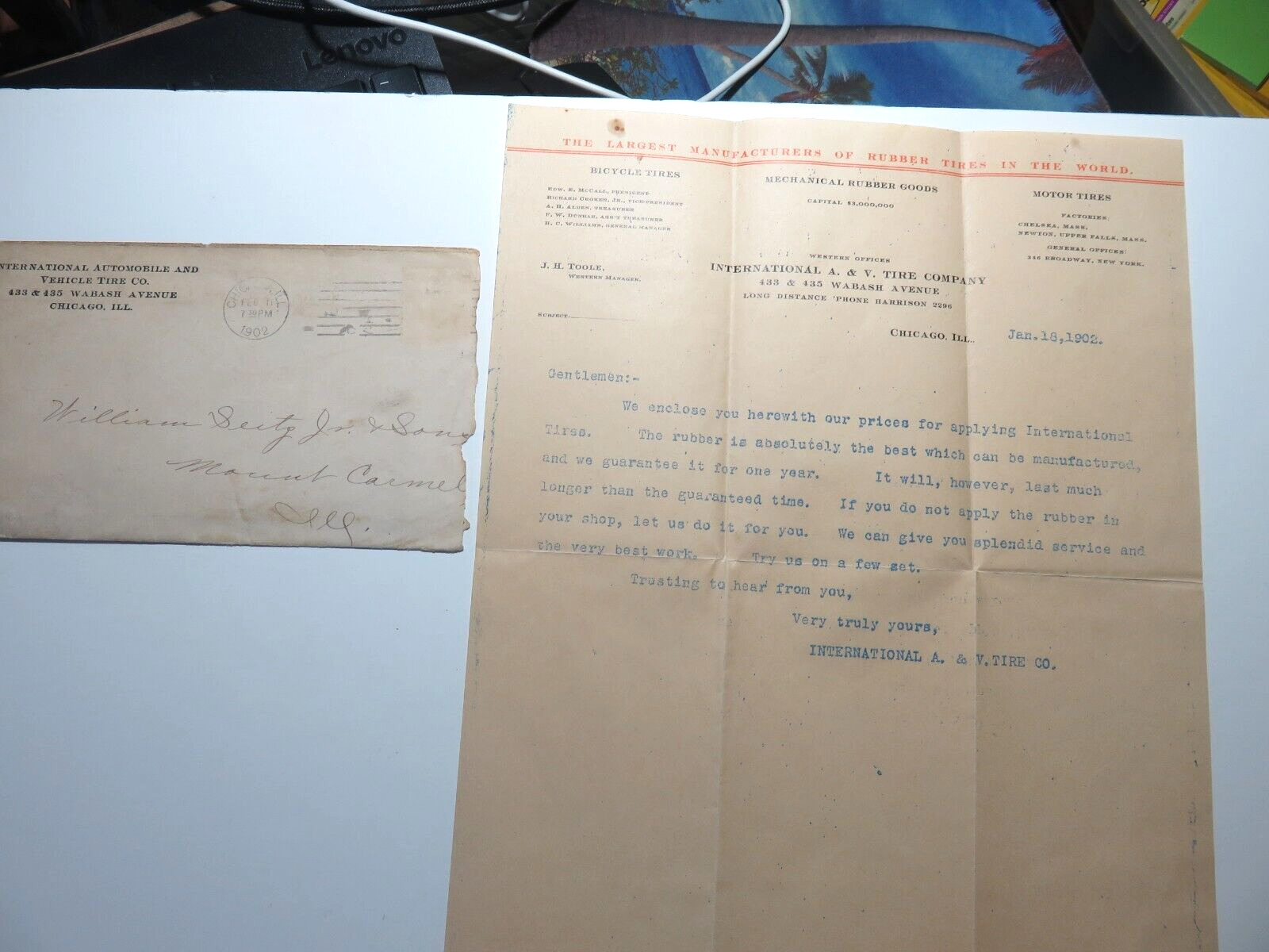 1902 Int\'l. A & V Tire Co. Letter & Envelope