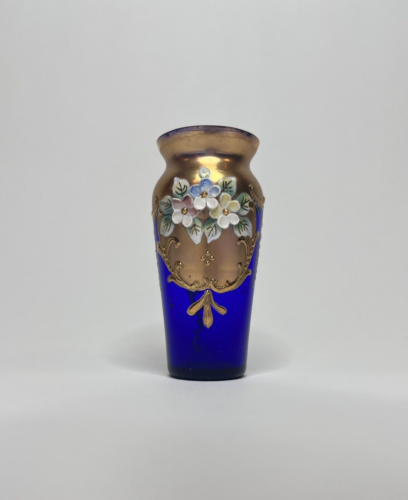 Antique Holub Maskl Bohemian Gold Plated Embossed Cobalt Mini Vase 3 1/2”