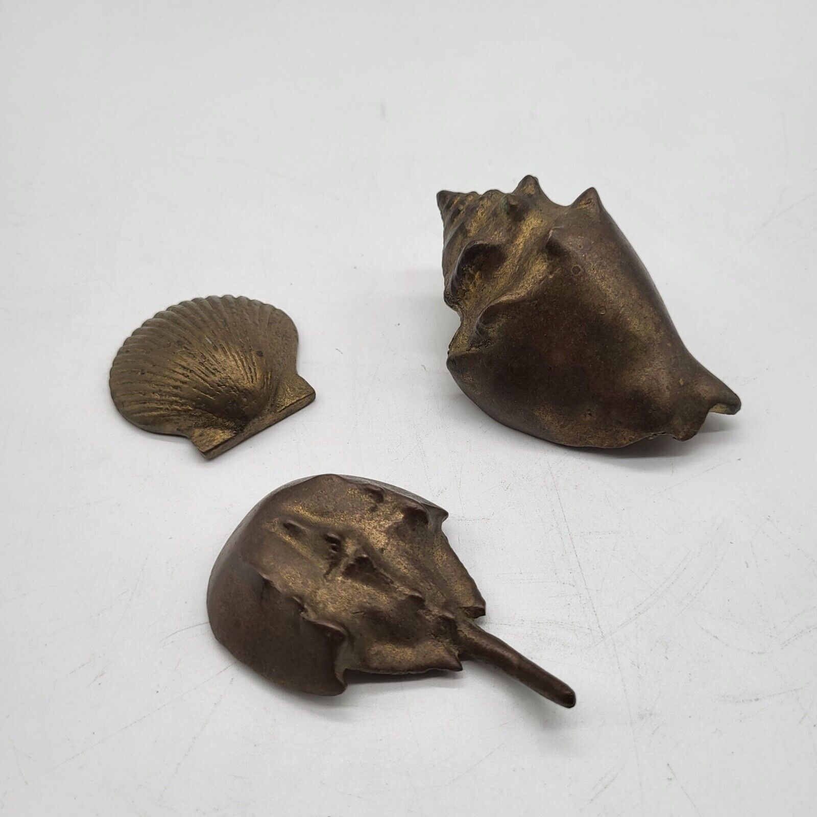 VTG Brass Trinkets Paperweights Decor Seashell Horseshoe Crab Conch Shell Beachy