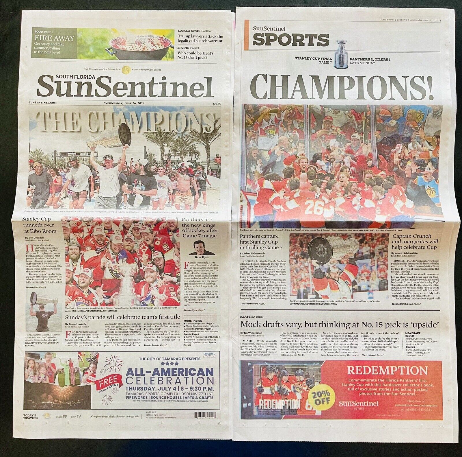 HISTORIC STANLEY CUP FLORIDA PANTHERS NHL 2024 CHAMPS SUN SENTINEL NEWSPAPER