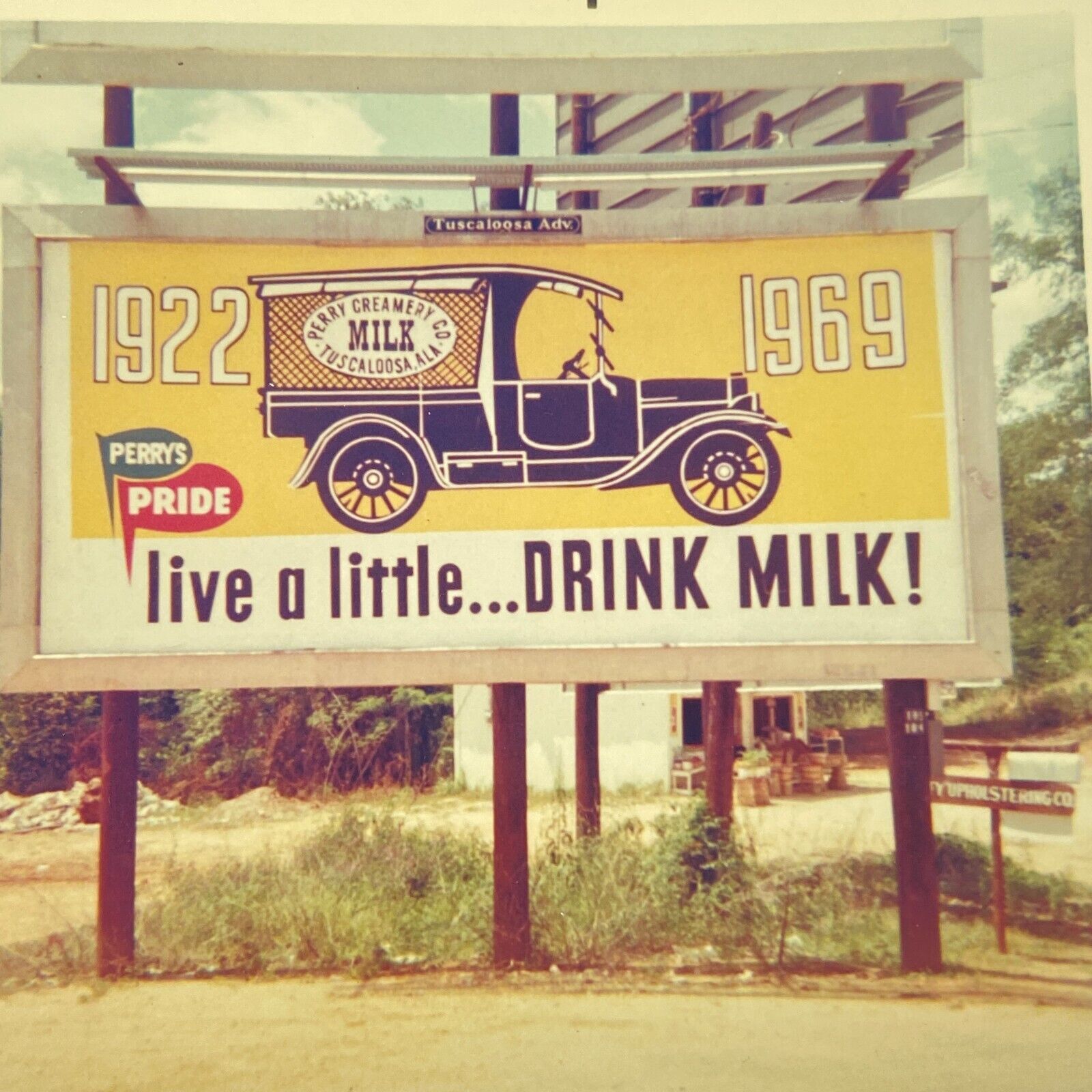 1969 Perry\'s Pride Creamery Dairy Real Photo Roadside Billboard Color Snapshot