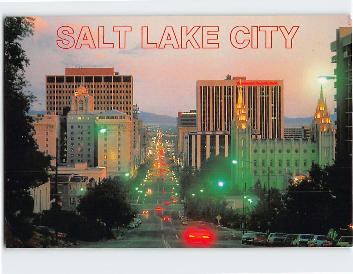 Postcard Evening view looking down Main Street Salt Lake City Utah USA