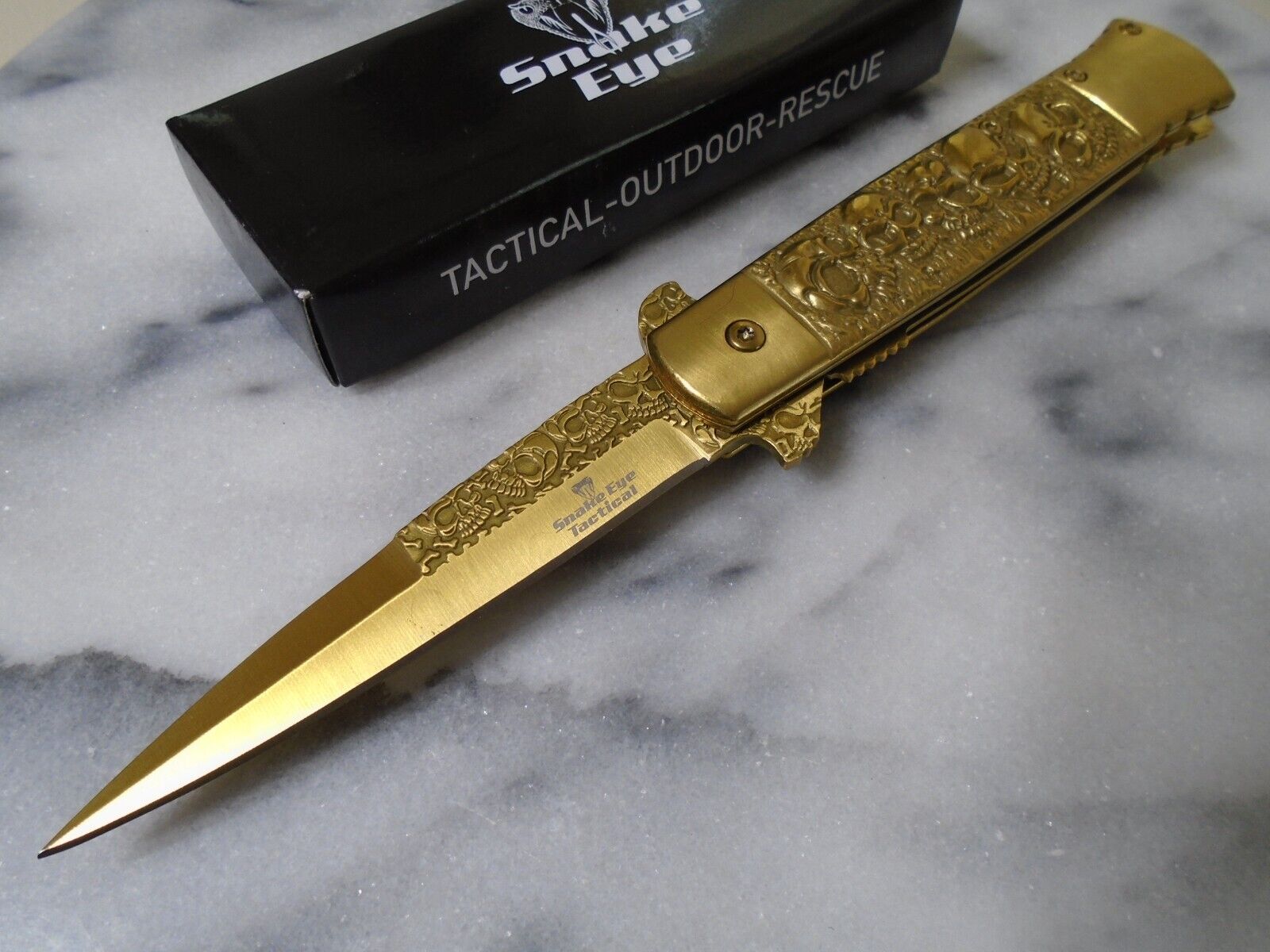 Snake Eye Assisted Open Gold Skulls Stiletto Pocket Knife Dagger SE-1022GD New