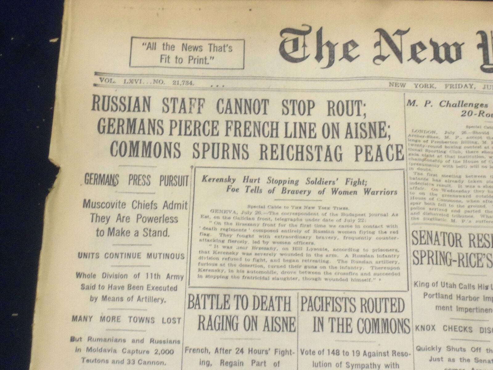 1917 JULY 27 NEW YORK TIMES - GERMANS PIERCE FRENCH LINE ON AISNE - NT 9311