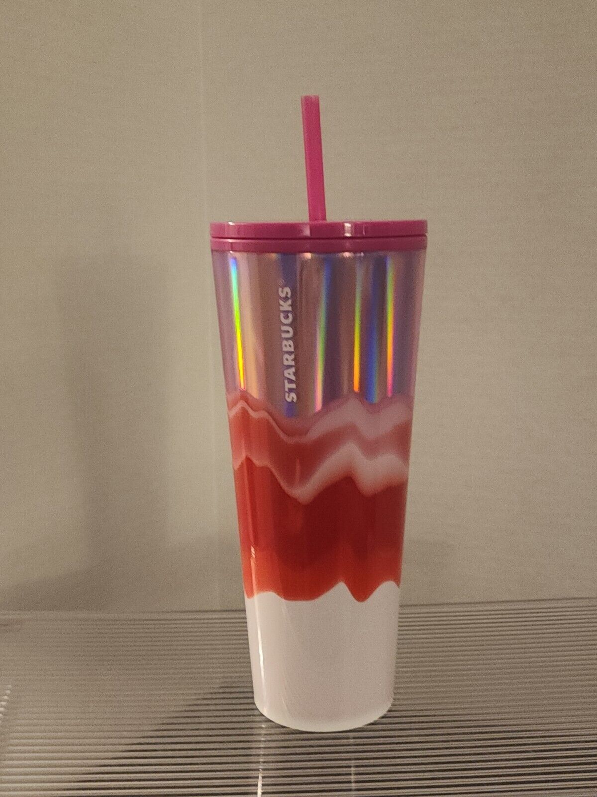 NEW Starbucks Wavy Pink Red Wave Iridescent Venti Cold Cup Tumbler 24 oz