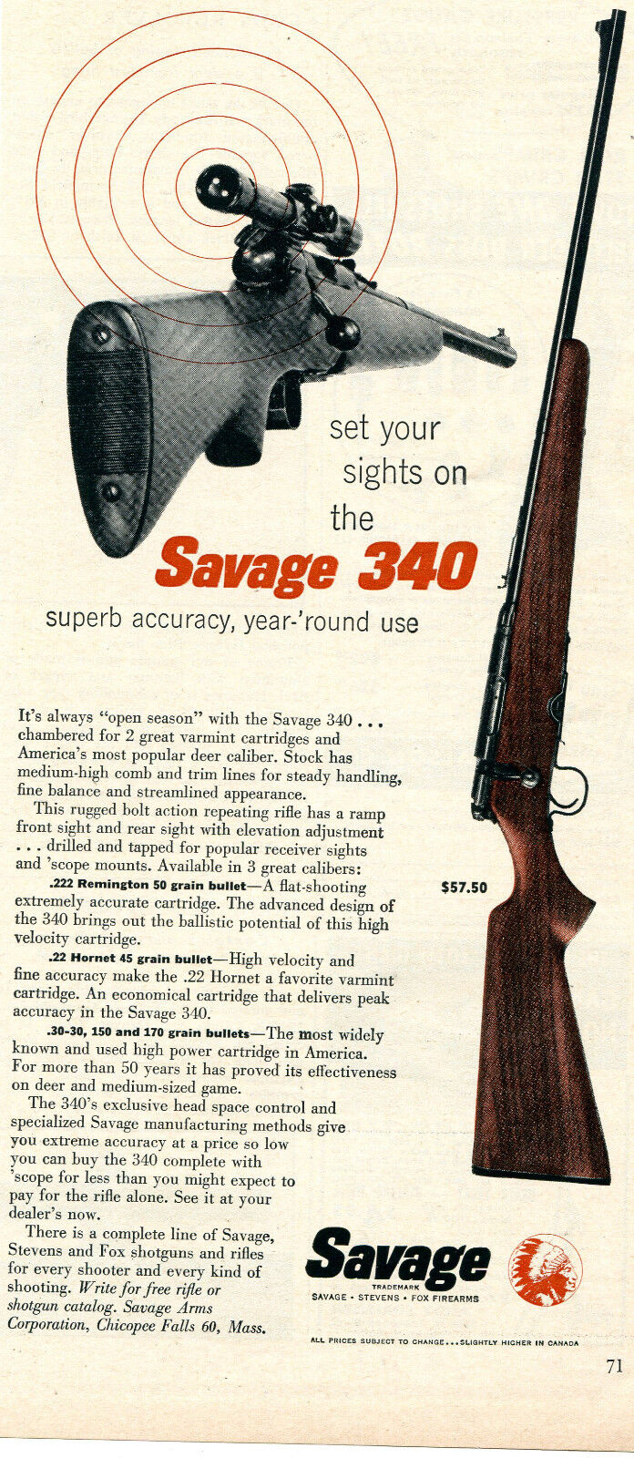 1957 Print Ad of Savage 340 Rifle