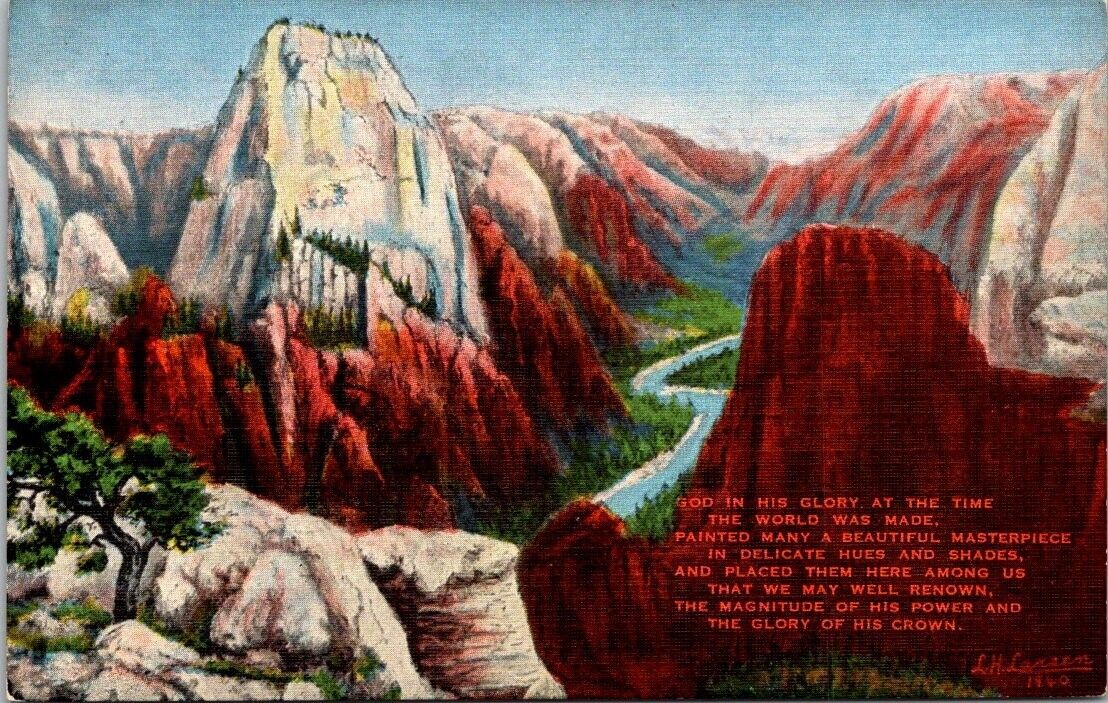 Postcard Utah Zion National Park from Painting by L.H. Dude Larson 1940 Linen UT
