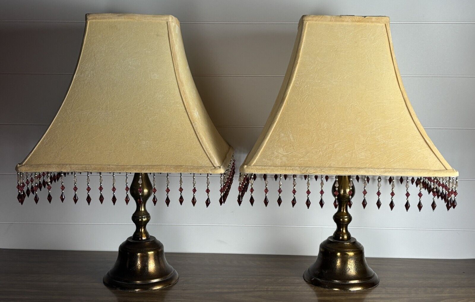 Pair Vintage Bell Shaped Lamp Shades Fabric Suede Boho Linen Beige Beads 13.75\
