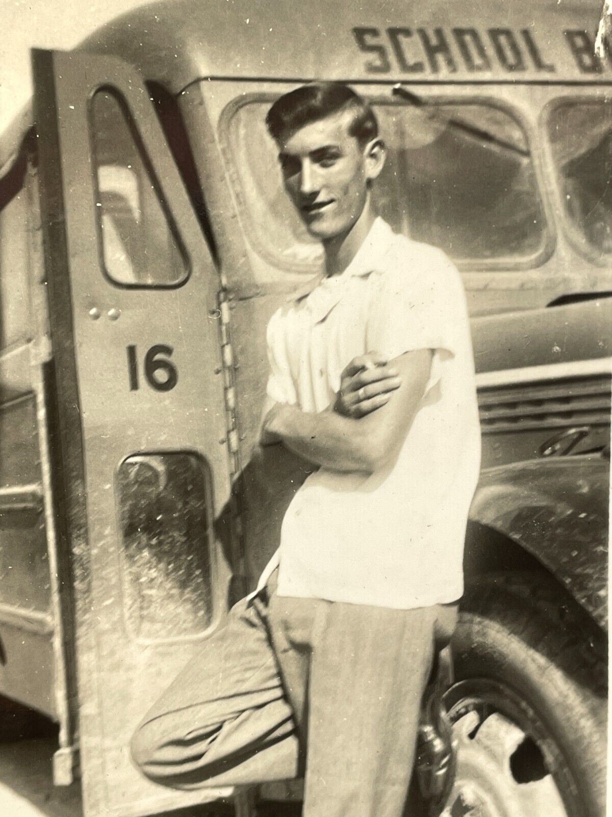XA Photograph Handsome Attractive Cute Man Guy Leaning On School Bus 1940-50\'s