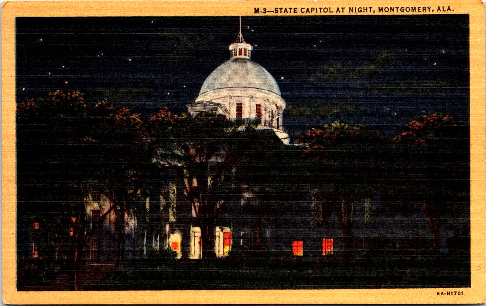 Vintage linen post card ALABAMA STATE CAPITOL AT NIGHT,  MONTGOMERY, AL 5.5X3.5