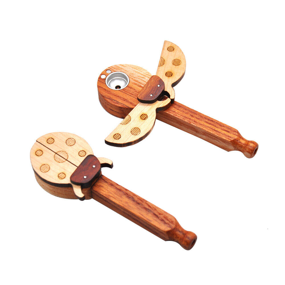 Wooden Smoking Pipe Portable Hand Made Pipe with Lid Creative Ladybug Shape