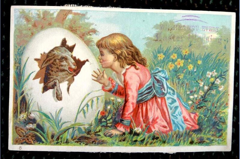 antique victorian TRADE EASTER holiday CARD GIRL with LAMB in EGG 