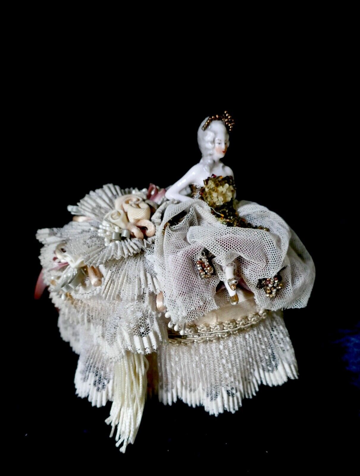 Elaborate Antique German Half Doll W/ Legs On Vintage Marcela Oval Trinket Box