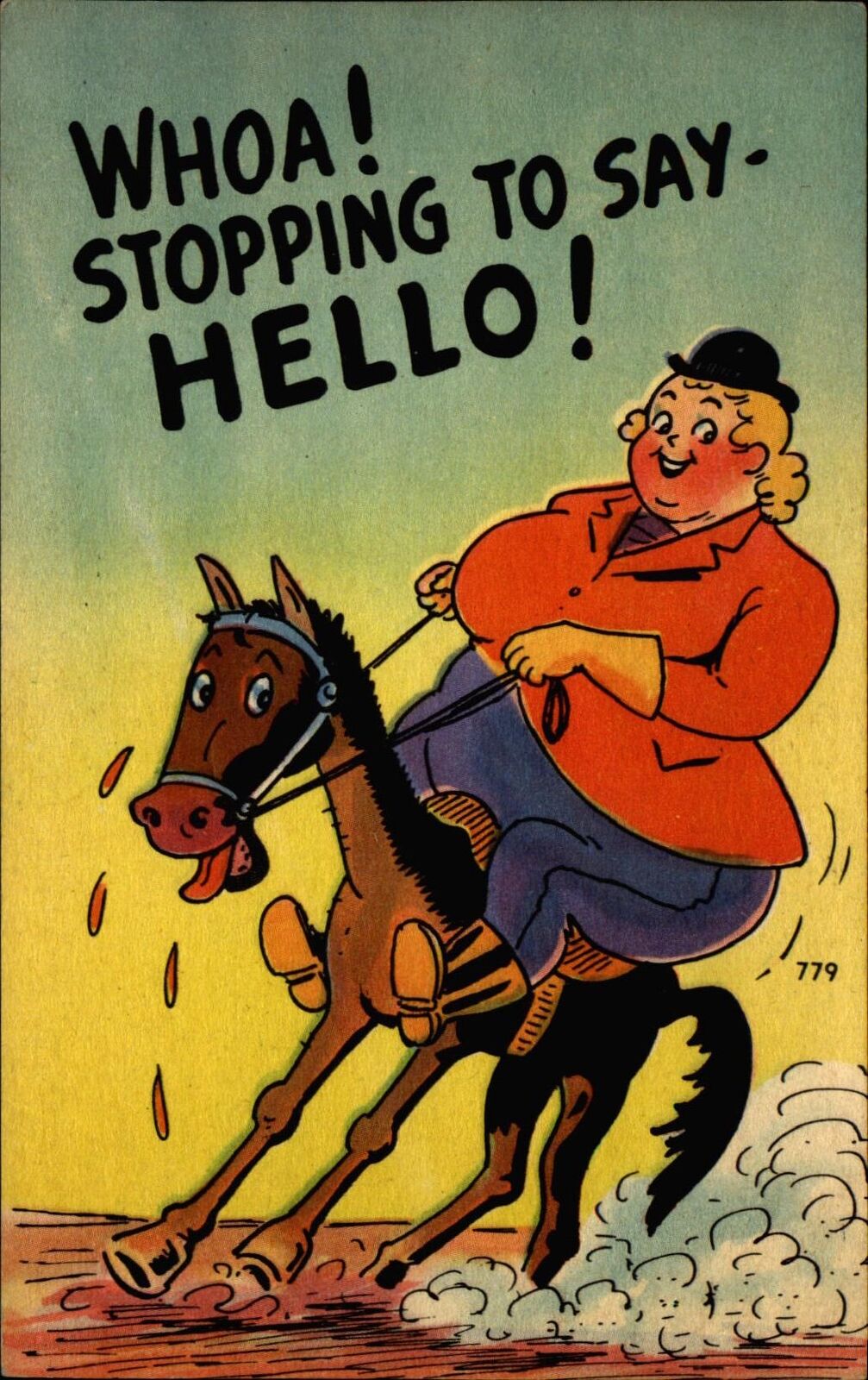 BIG WOMAN riding habit sweating horse ~ STOPPING TO SAY HELLO ~ 1940s comic