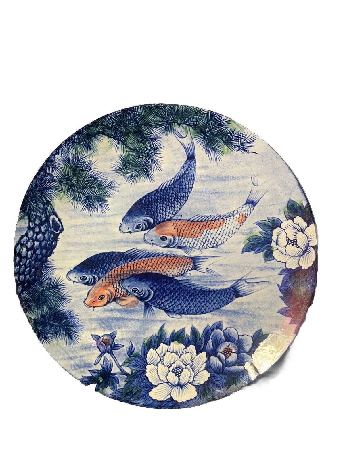 Vintage Japanese Sun Ceramics, Blue White Koi Fish, Porcelain Charger Plate 12”