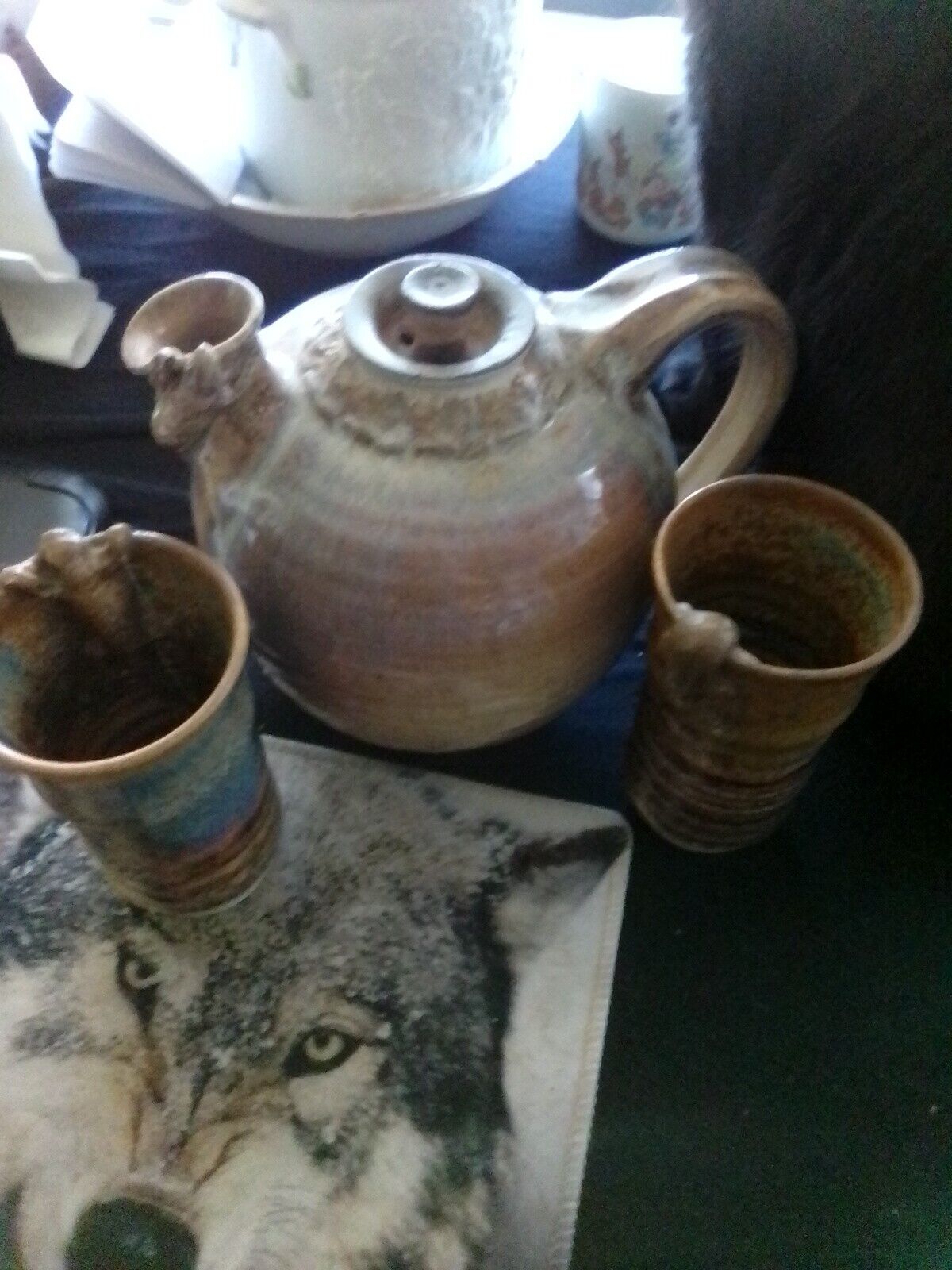 Rare Lizard Ceramic Teapot With 2 Medium Sized Mugs