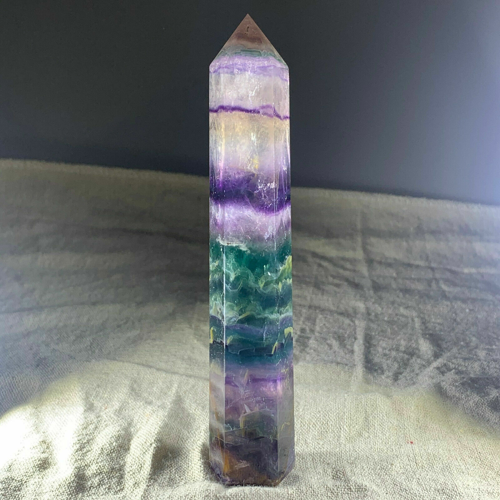 A+A+1pc Natural rainbow fluorite quartz Crystal obelisk Point Healing Wand 150g+