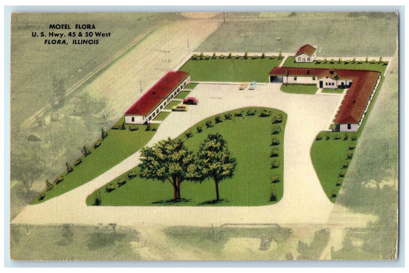 1954 Aerial View Of Motel Flora Roadside Flora Illinois IL Posted Cars Postcard
