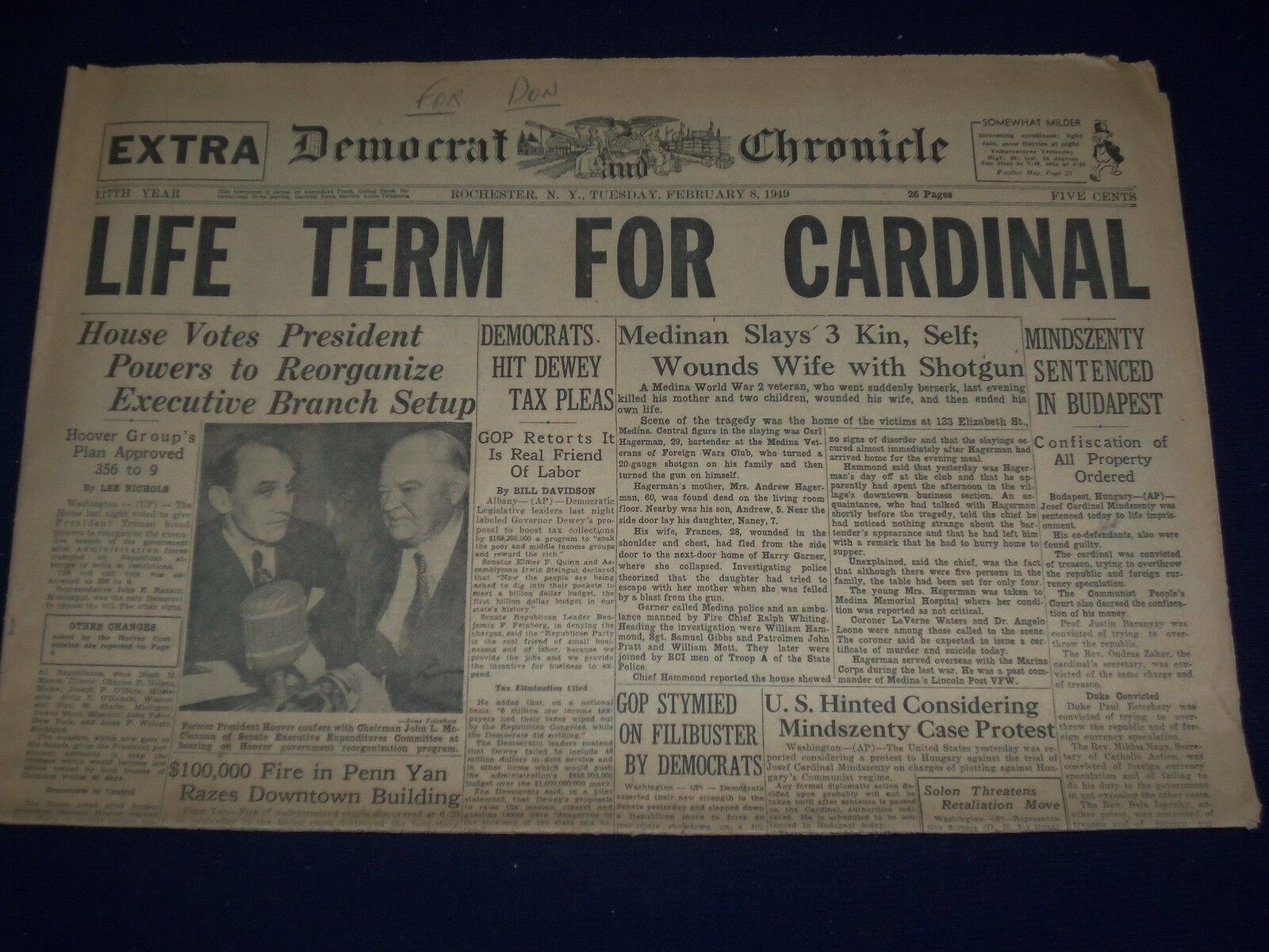 1949 FEB 8 DEMOCRAT & CHRONICLE NEWSPAPER - LIFE TERM FOR CARDINAL - NP 1625
