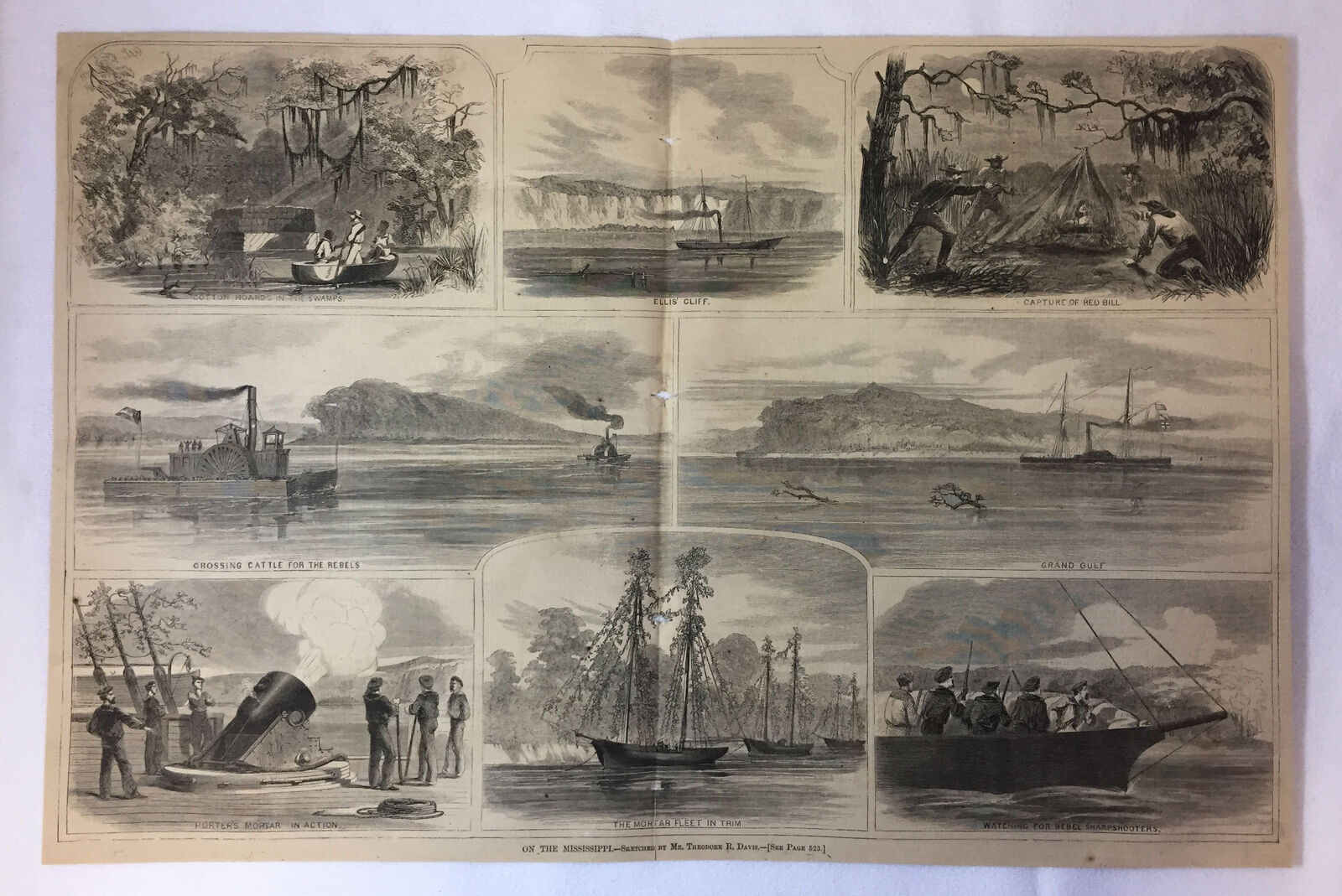 1862 magazine engraving~14x21~CIVIL WAR SCENES ON THE MISSISSIPPI RIVER