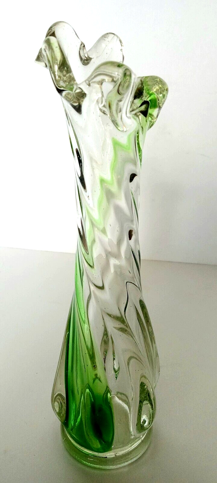 Vintage Green and Clear Twist Swung Art Glass Bud Vase Murano Style 8.75\