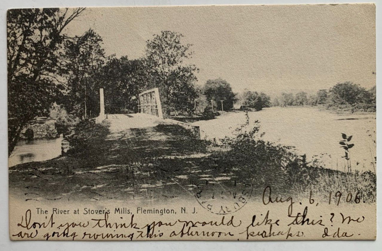 1906 NJ Postcard Flemington New Jersey River at Stover\'s Mills bridge Hunterdon
