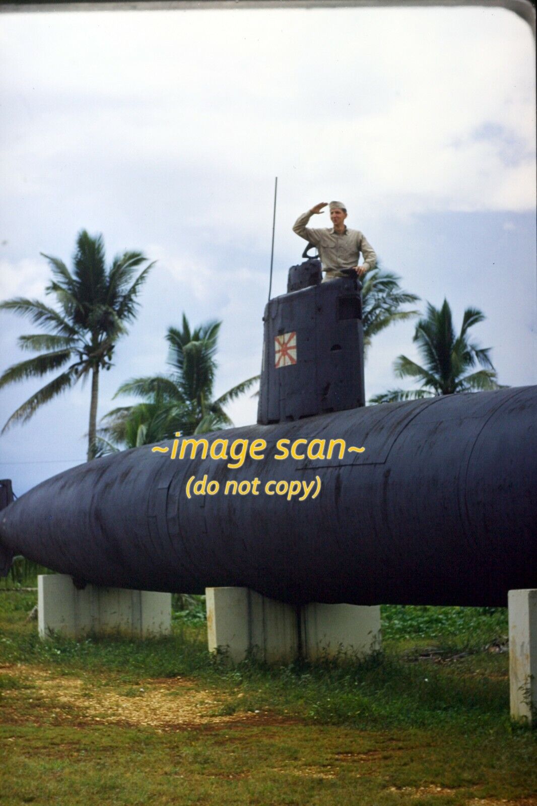 Man w/ Japanese Navy WWII Submarine on Guam in early 1950\'s, Original Slide g22b