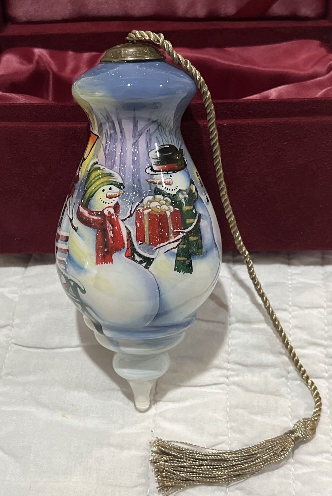 Inner Beauty Mouth Blown Glass Snowman Couple w/Gift Ornament Simon Treadwell