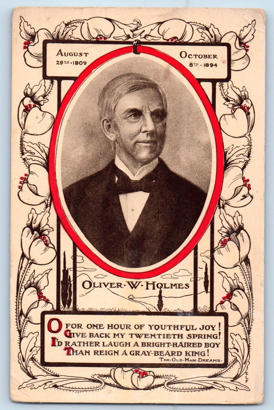 Oliver W. Homes Postcard Portrait The Old Man Dreams Flowers c1910\'s Antique