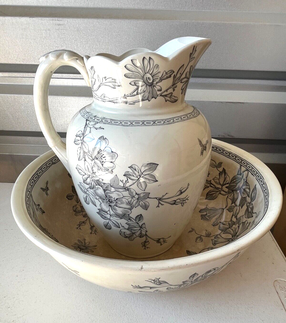 Antique Ceramic Wedgewood & Co Clematis Floral Pitcher & Bowl Set 1860's