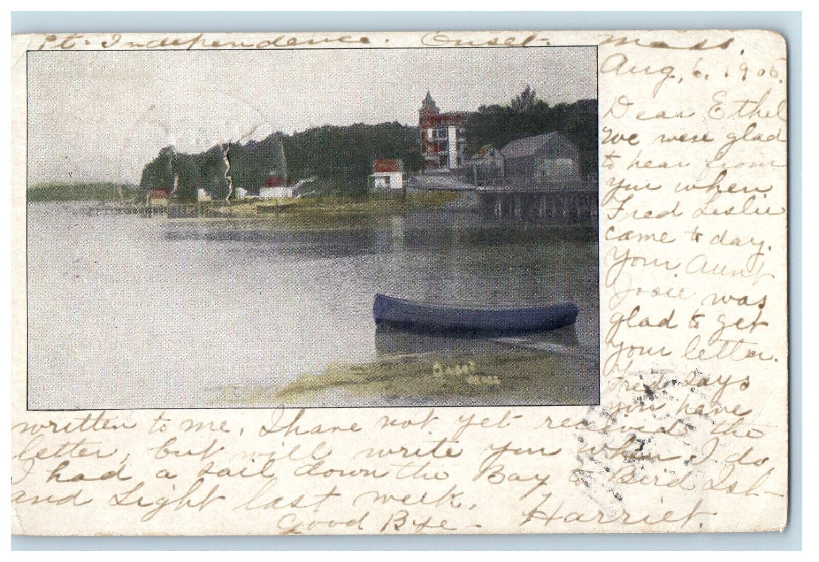 1905 Scene of Canoe Boat, Buildings and Landing Onset, MA PMC Postcard