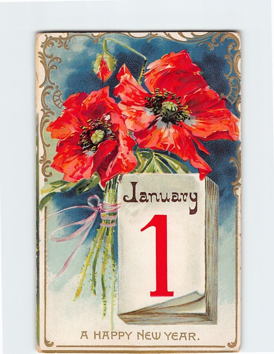 Postcard A Happy New Year with Flowers Calendar Embossed Art Print