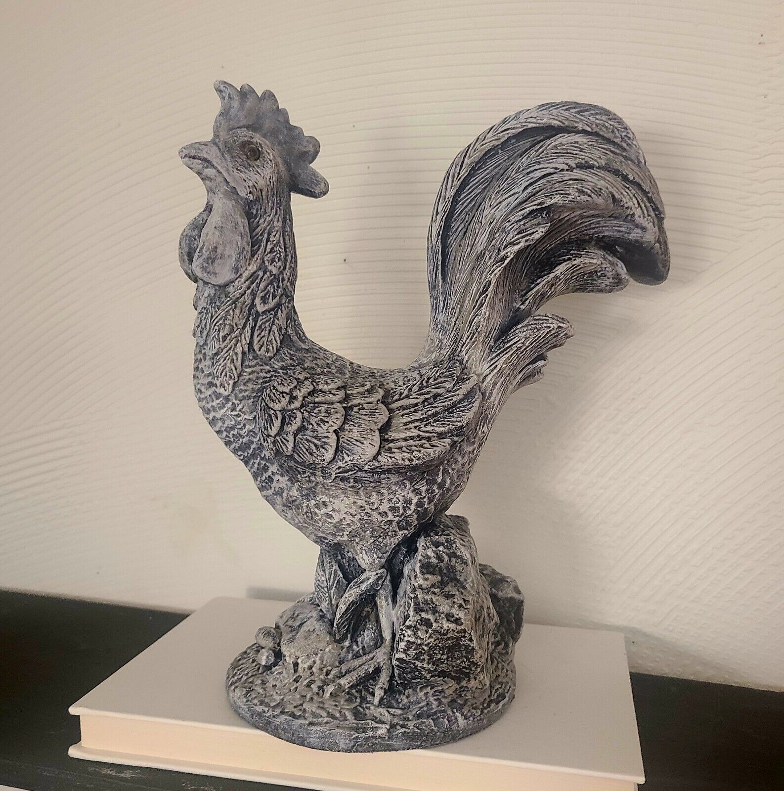 Heavy Farmhouse Or French Country Black With White Rooster Statue