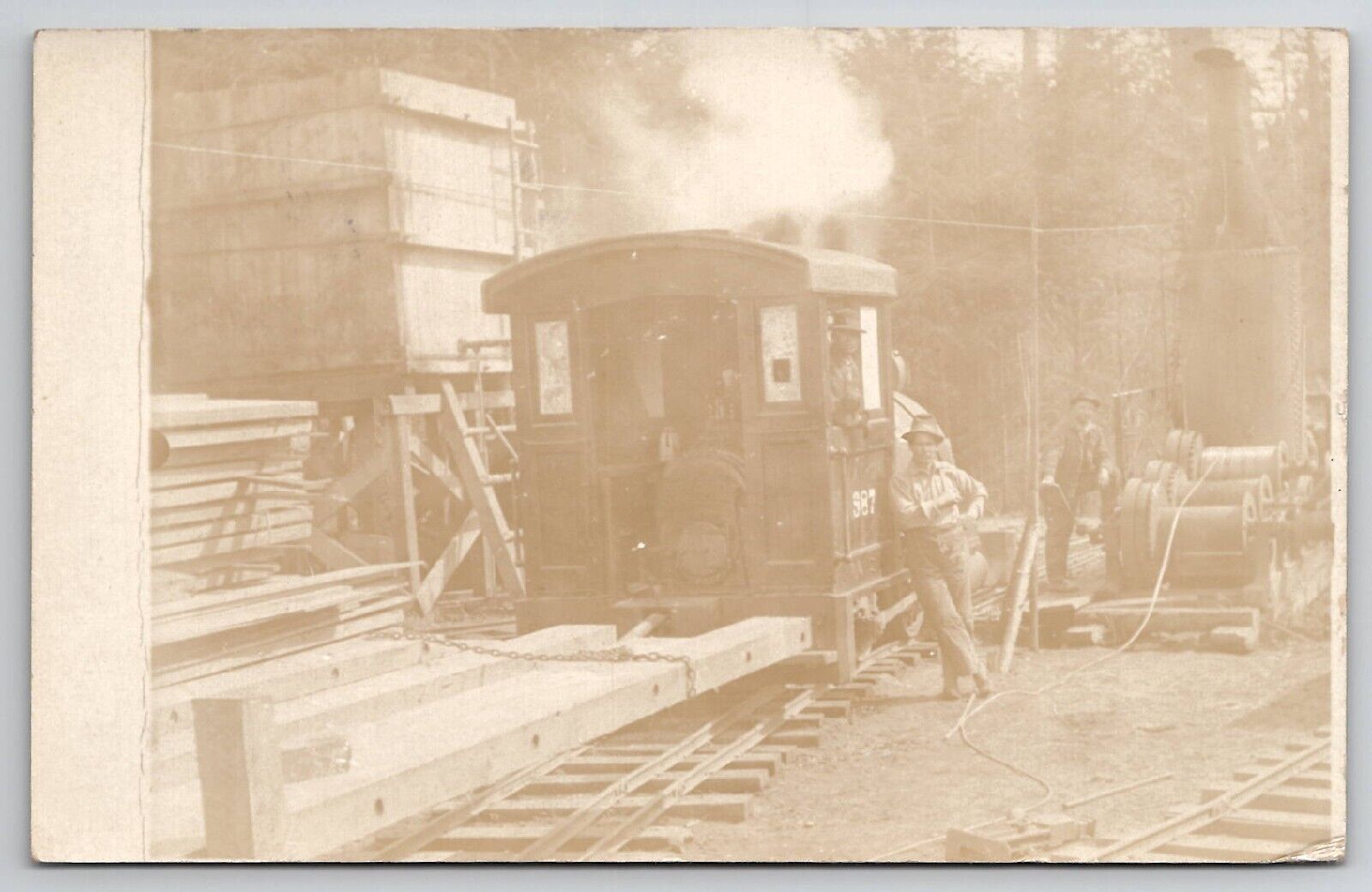 Railroad Scene In Oregon RPPC Workers with Rig 1914 Real Photo Postcard K24
