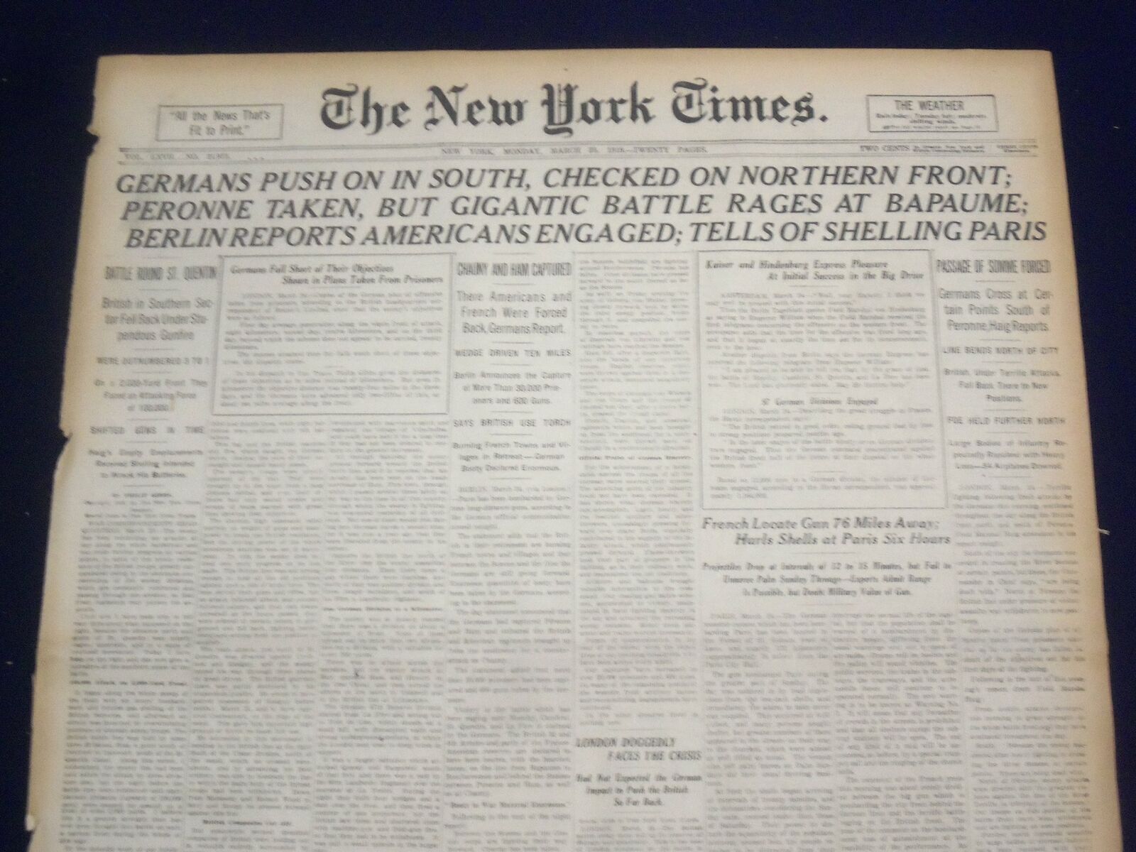 1918 MARCH 25 NEW YORK TIMES - GERMANS PUSH ON IN SOUTH - NT 8160