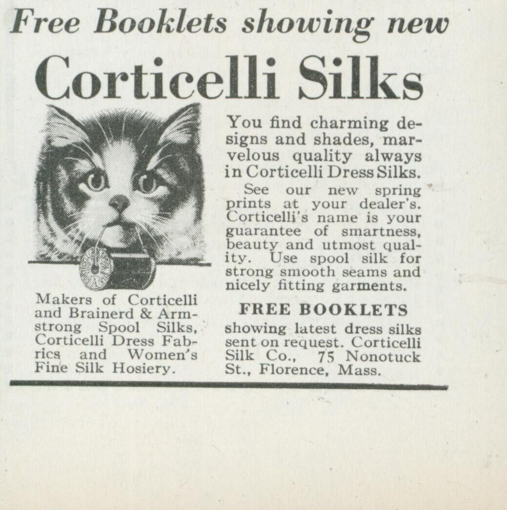 1928 Corticelli Dress Silks Cat With Thread Spool In Mouth Vintage Print Ad PR4