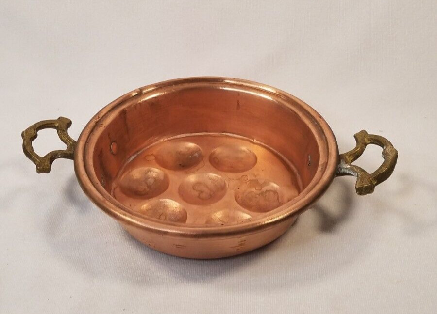 Vintage Solid Copper Escargot Pan Brass Handles Gourmet Poacher Aebleskivers