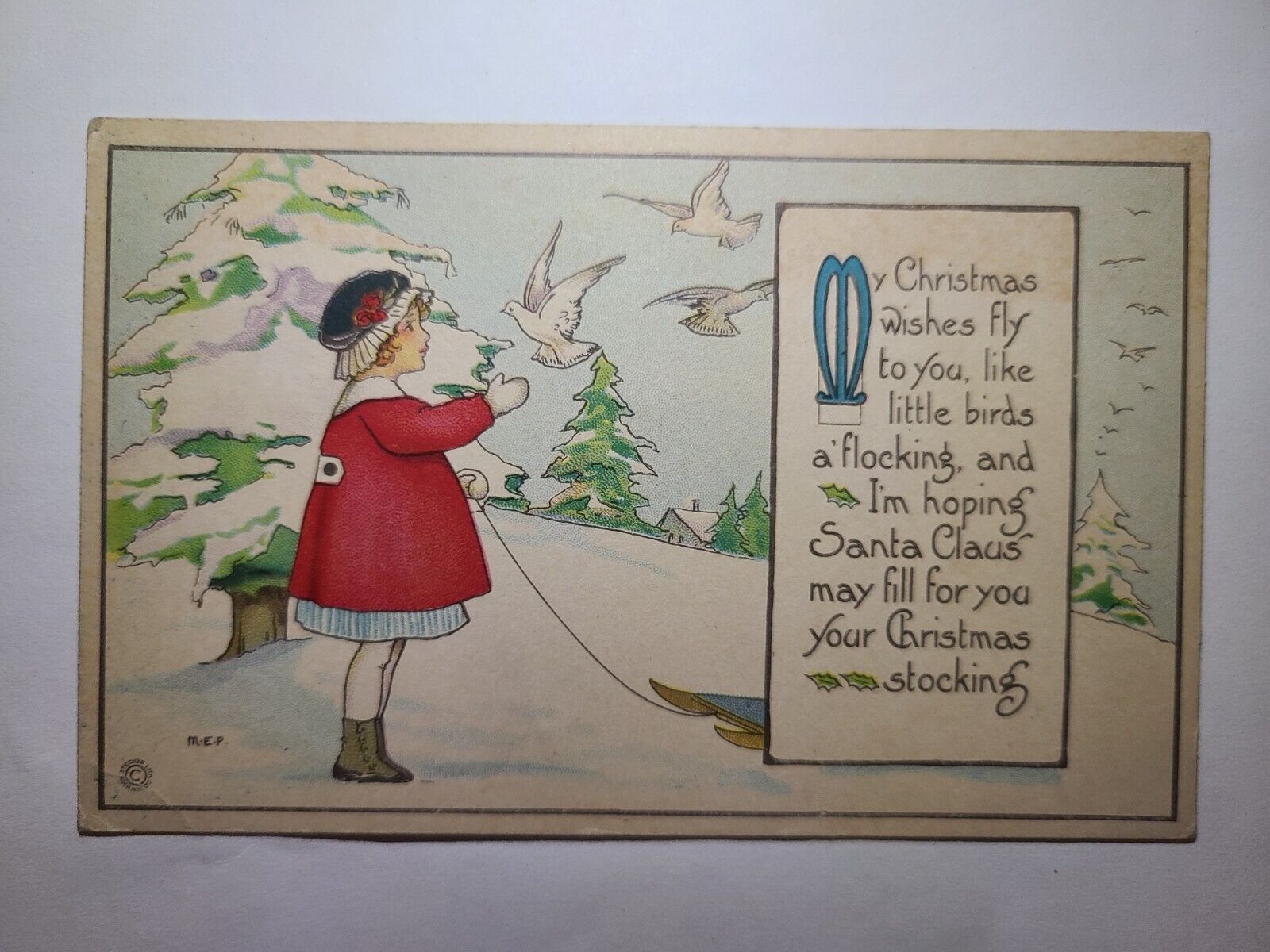 Antique Postcard Christmas Little Girl With Sled And Birds Winter Illustrated