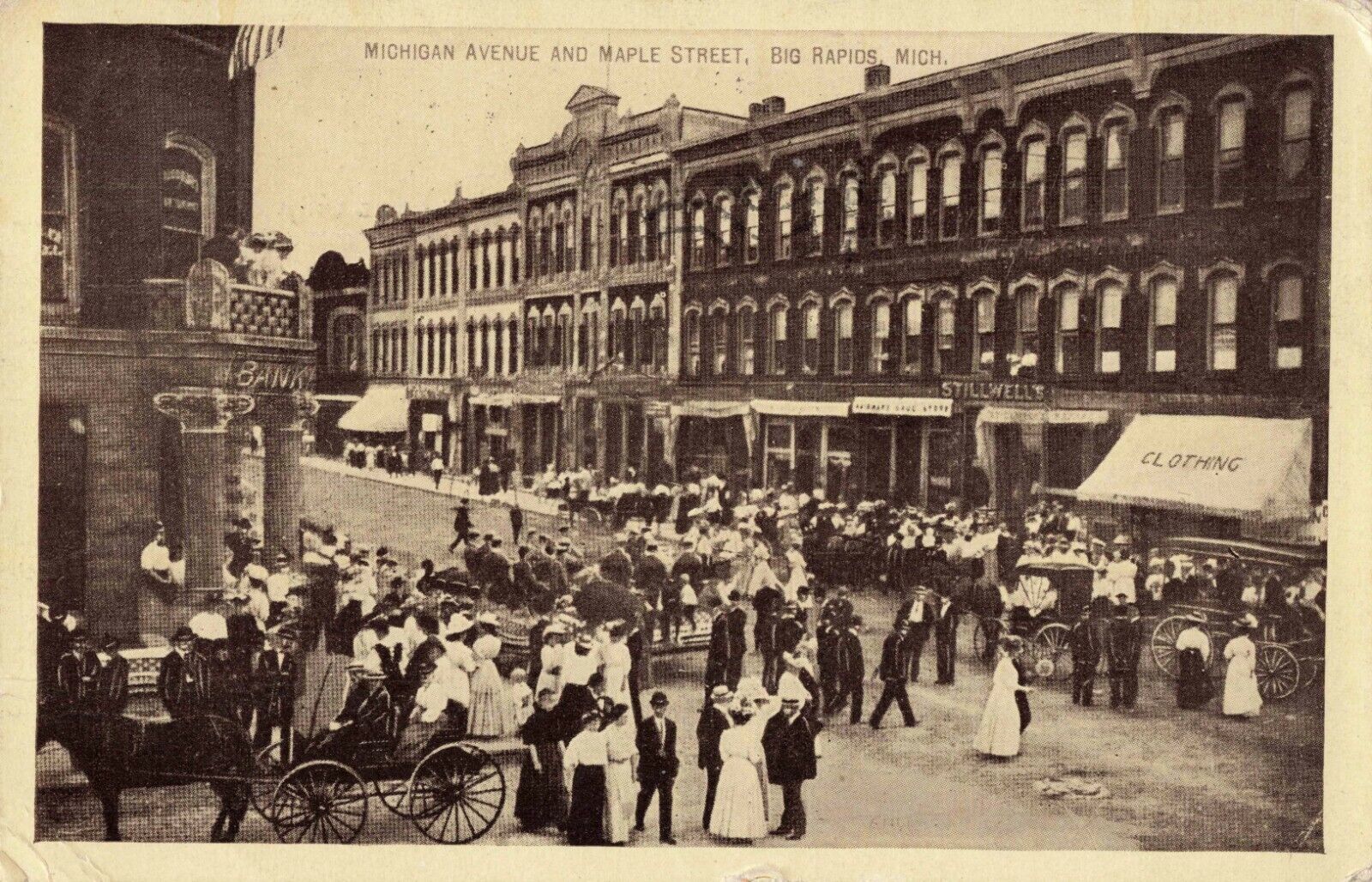 Michigan Avenue & Maple Street, Big Rapids, Michigan MI - 1915 Vintage Postcard