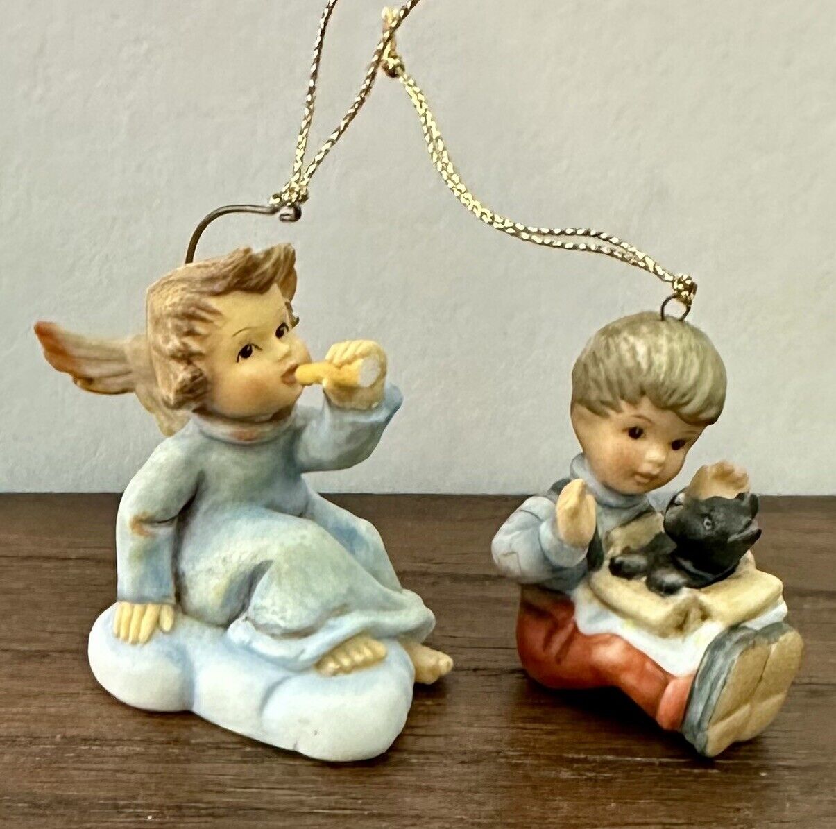 Set of 2 Goebel MJ Hummel Christmas Ornaments - Angel & Boy With Dog 1990s
