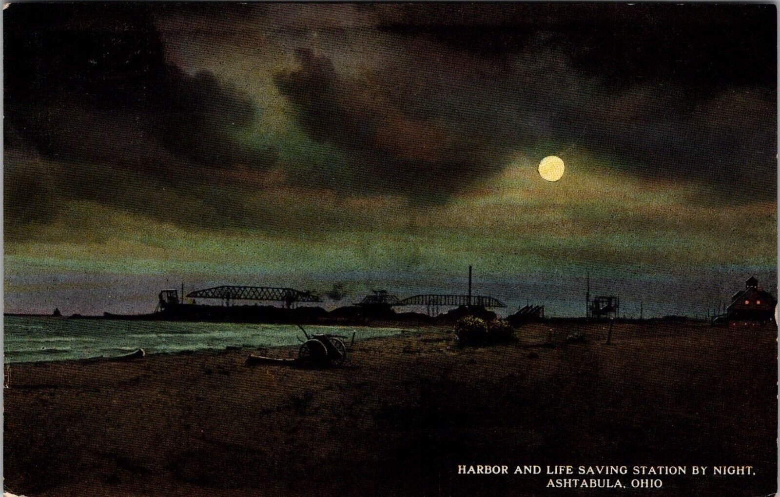 ASHTABULA OH-Ohio, Harbor Life Saving Station Night 1910s Vintage Postcard J31
