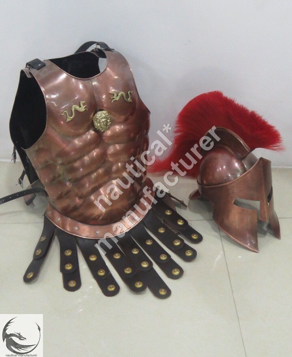 Medieval copper finish muscle armor Jacket with Spartan helmet Medieval costumea
